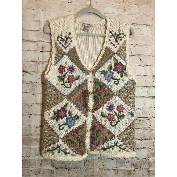 Vintage Adrian Delafield Sweater Vest Womens Medium Bobble Cream Cottage Country - Picture 1 of 12